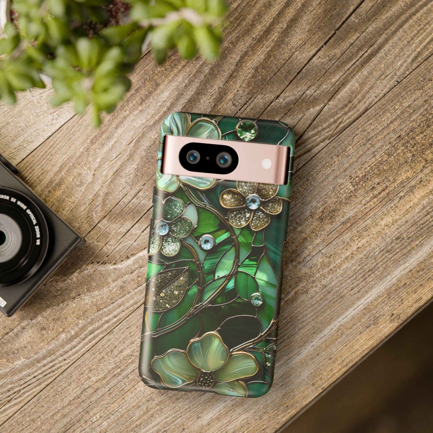 Green Floral Explosion Diamond and Gold Inlay Phone Case