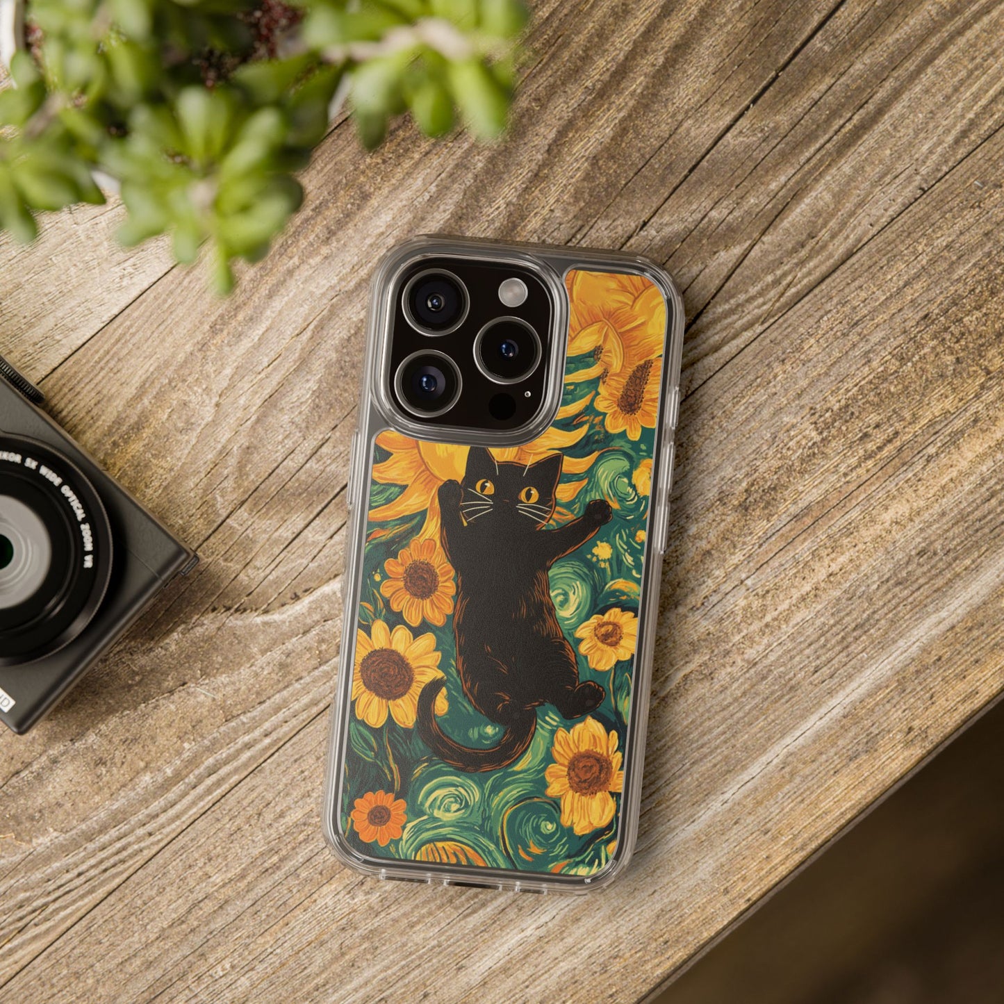 Van Gogh Sunflower Black Cat Clear iPhone Case