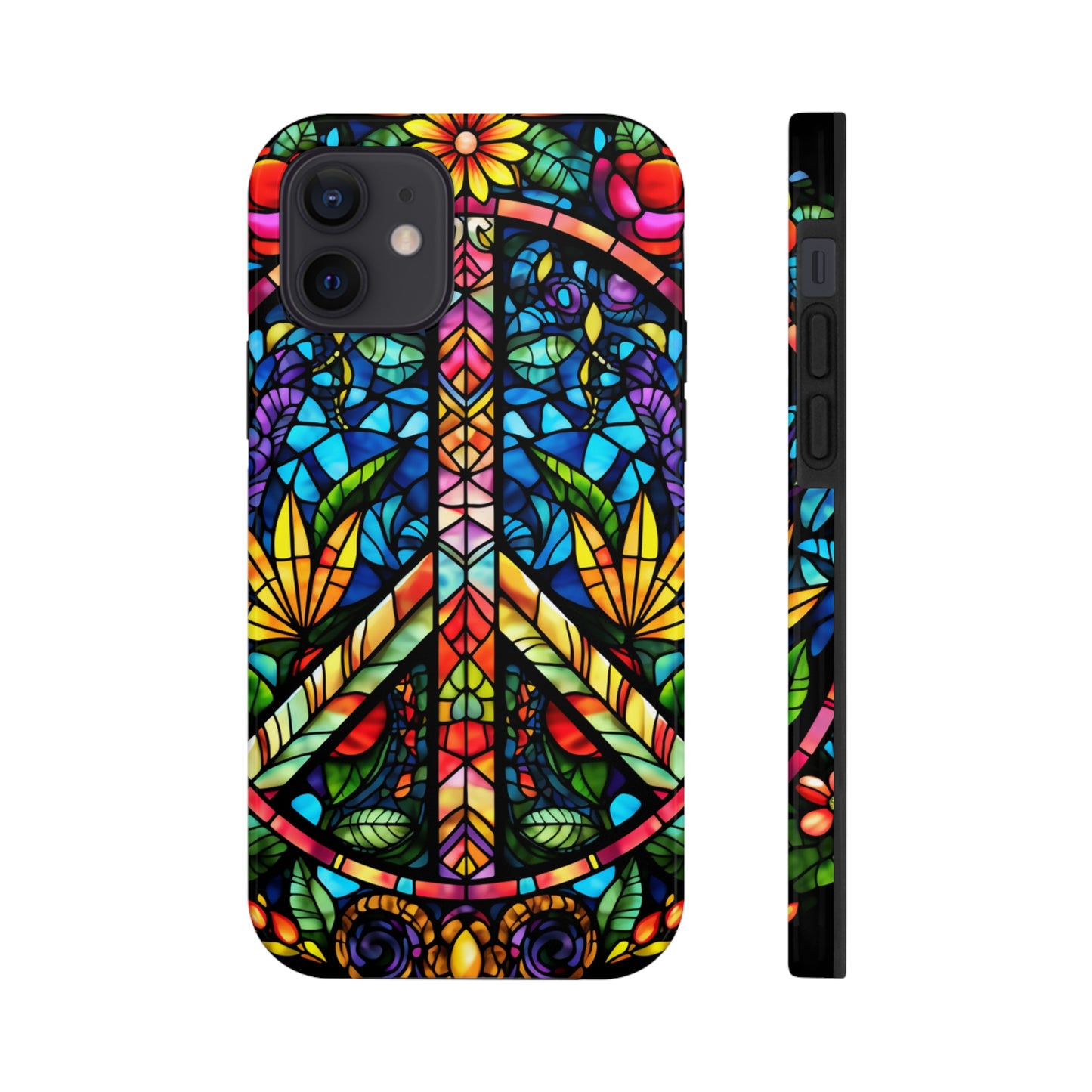 Peace Stained Glass Tough iPhone Case | Trippy Psychedelic Colorful Flowers Floral Aesthetic Retro iPhone 14 Plus 13 12 7 8 Se Trendy Hipp