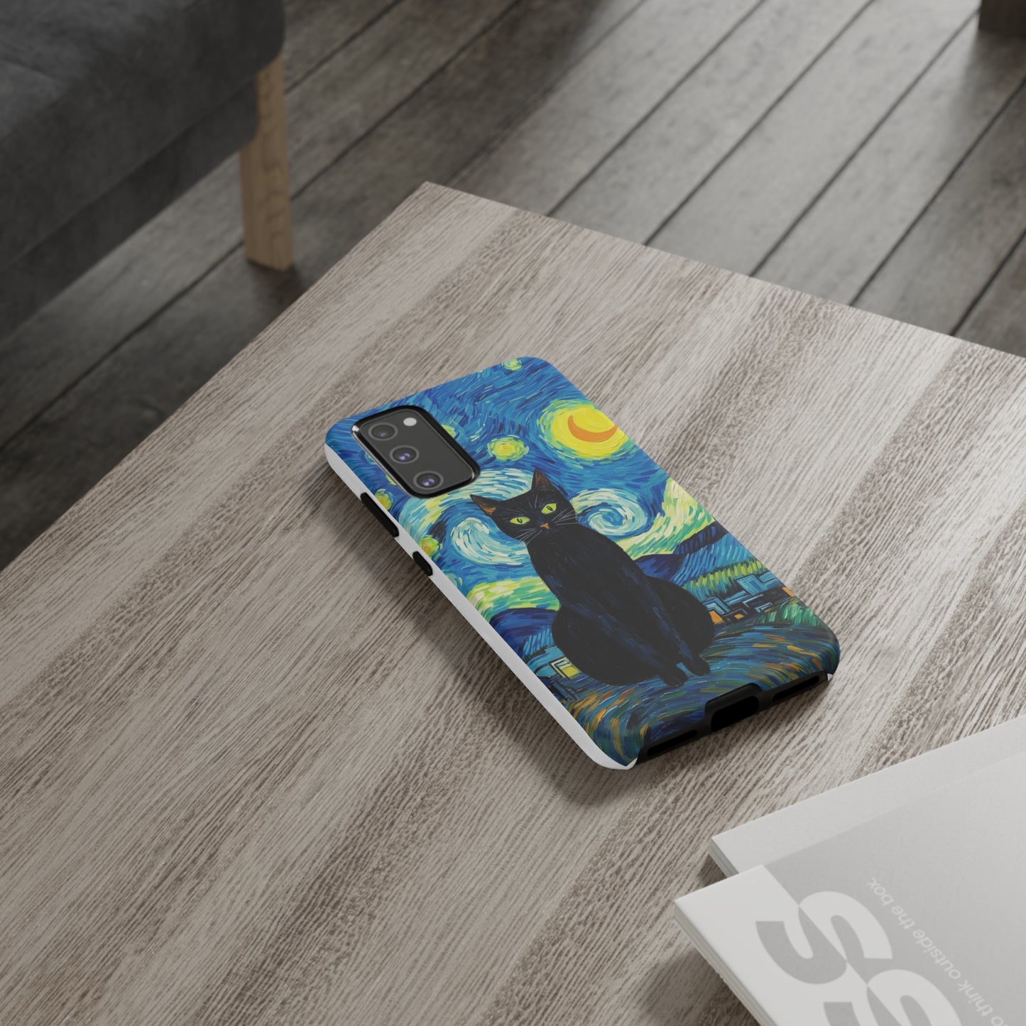 Starry Night Van Gogh Black Cat iPhone, Samsung Galaxy, Google Pixel Case | Embrace Artistic Whimsy and Feline Charm