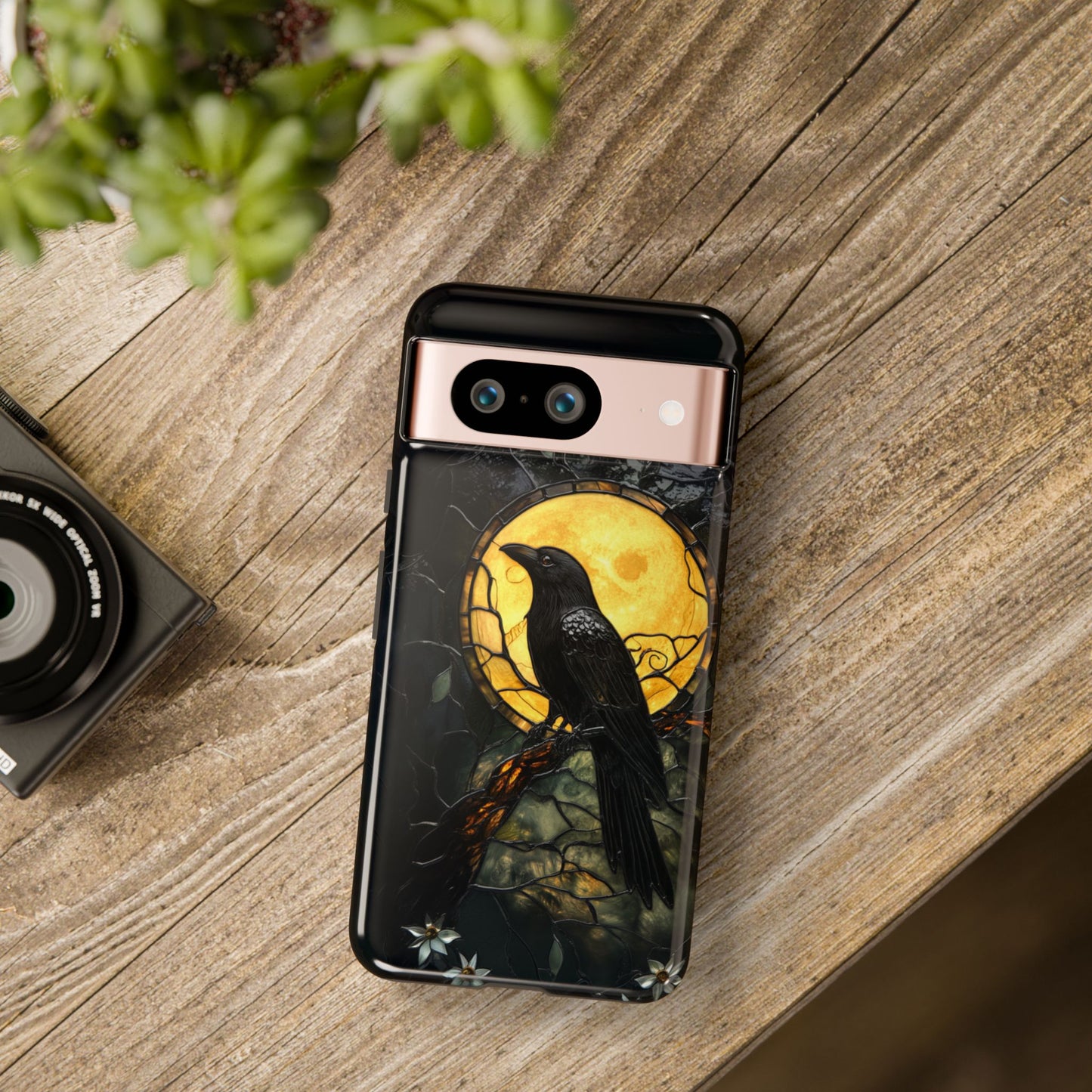 Halloween Phone Case Black Raven Stained Glass Style Spooky Moon Phone Cover