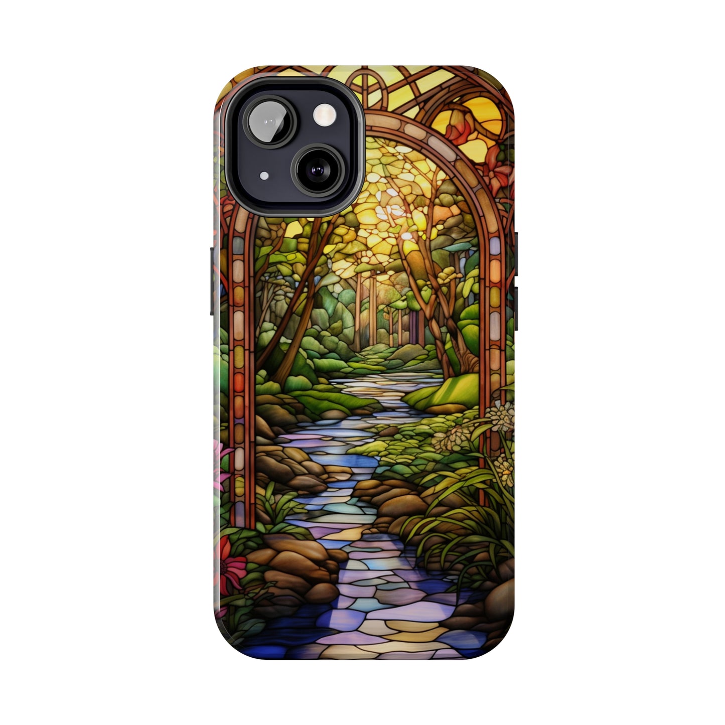 Stained Glass Stone Bridge and River Phone Case: Floral Art Nouveau Design | Bohemian Elegance for iPhone 14 Pro Max, iPhone 14 Plus