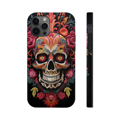 Embroidery Style Sugar Skulls Goth Dark Academia Tough Case iPhone, Edgy Cover, iPhone 14 Plus 13 12 7 8 Se Trendy Halloween Retro Vibe