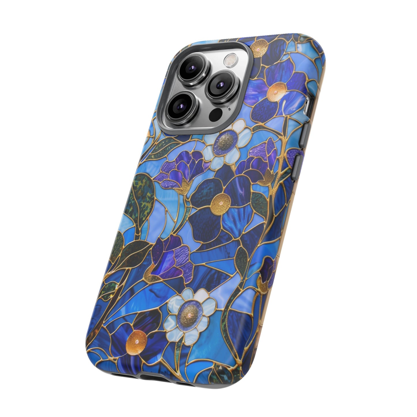 Blue Floral Stained Glass Gold Inlay Wild Flowers Phone Case