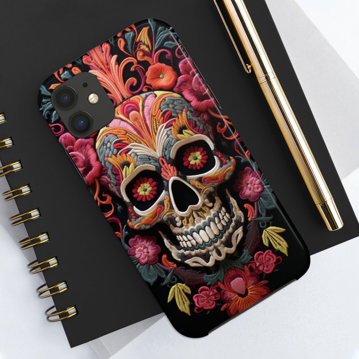 Embroidery Style Sugar Skulls Goth Dark Academia Tough Case iPhone, Edgy Cover, iPhone 14 Plus 13 12 7 8 Se Trendy Halloween Retro Vibe