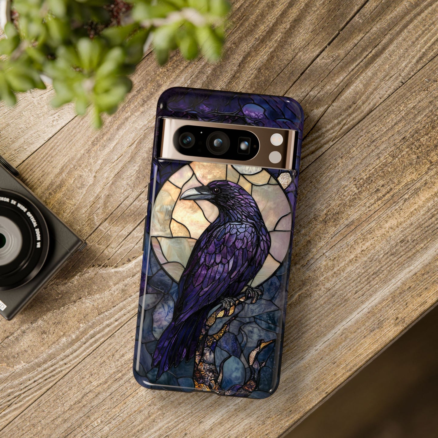 Halloween Phone Case Purple Raven Stained Glass Style Spooky Moon Phone Cover