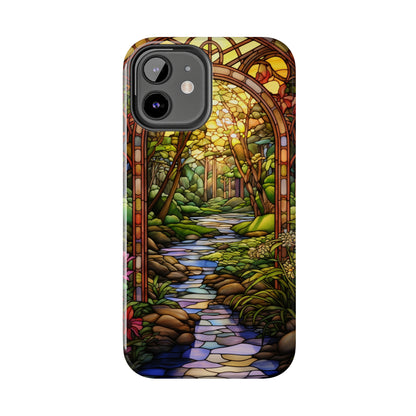 Stained Glass Stone Bridge and River Phone Case: Floral Art Nouveau Design | Bohemian Elegance for iPhone 14 Pro Max, iPhone 14 Plus