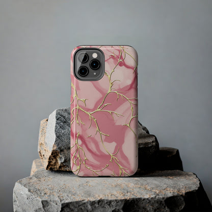 iPhone Elegance Unveiled: Pink & Gold Leaf Marble | Premium Tough iPhone Case