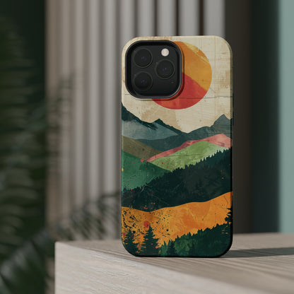 Retro Mountain Sunset Orange and Red MagSafe Phone Case, iPhone 15 Case, Tough Phone Cover, Americana Outdoor Nature Lover