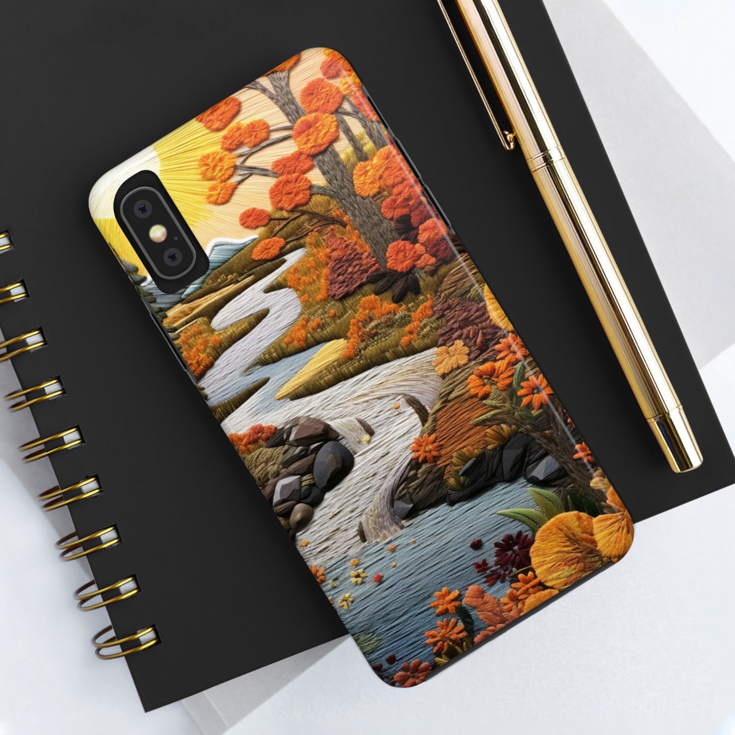 Enchanting Fall Landscape Phone Case | Vintage Boho Embroidery Style