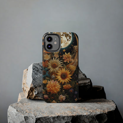 Celestial Charm: iPhone Case with Boho Cottagecore Fusion of Floral, Sun, Moon & Stars