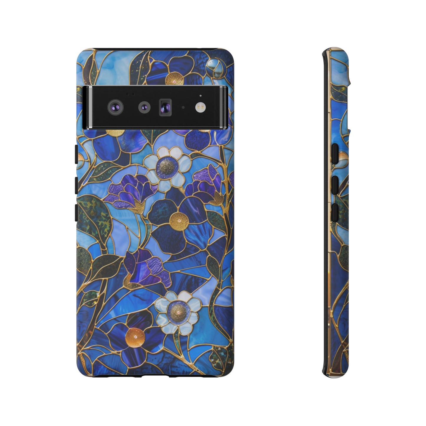 Blue Floral Stained Glass Gold Inlay Wild Flowers Phone Case