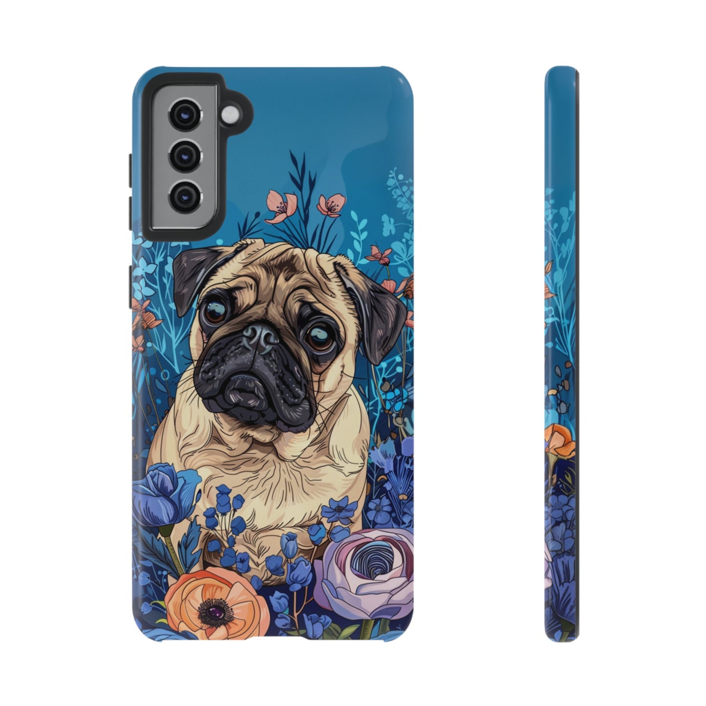 Cute Pug Dog Blue Floral Design Phone Case