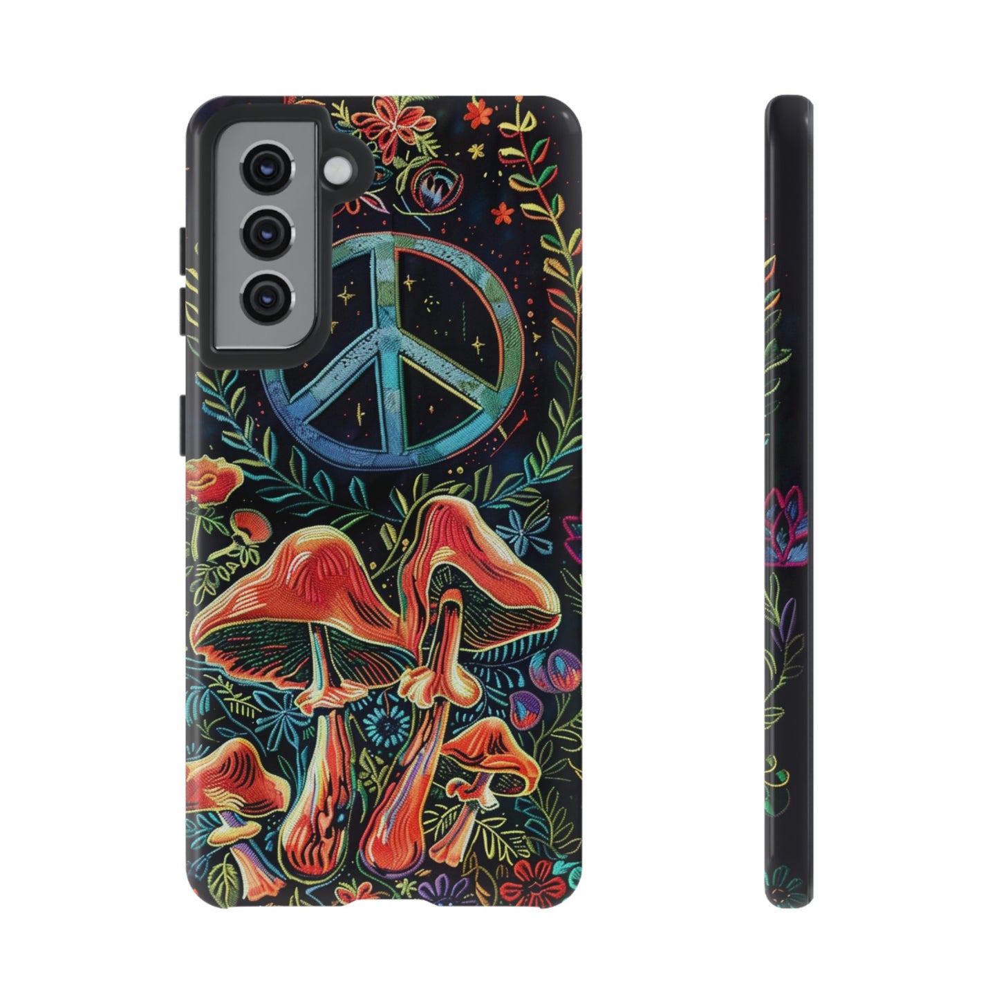 Embroidery Style Magic Mushrooms and Peace Sign Phone Case