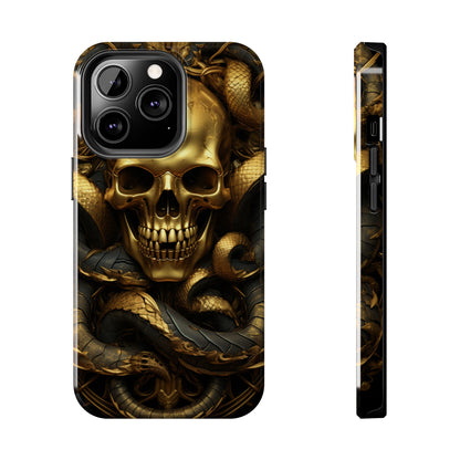 iPhone 14 Case Dark Elegance: Gold Skulls and Snakes Tough iPhone Case | An Edgy Goth Delight