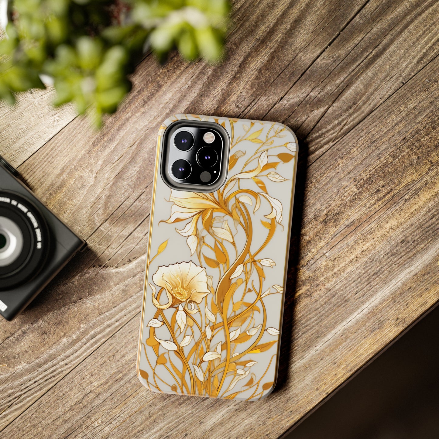 Gold floral Elegance: Art Deco Stained Glass iPhone Case | Vintage Glamour & Modern Protection for iPhone Models 11 through 14 Pro Max