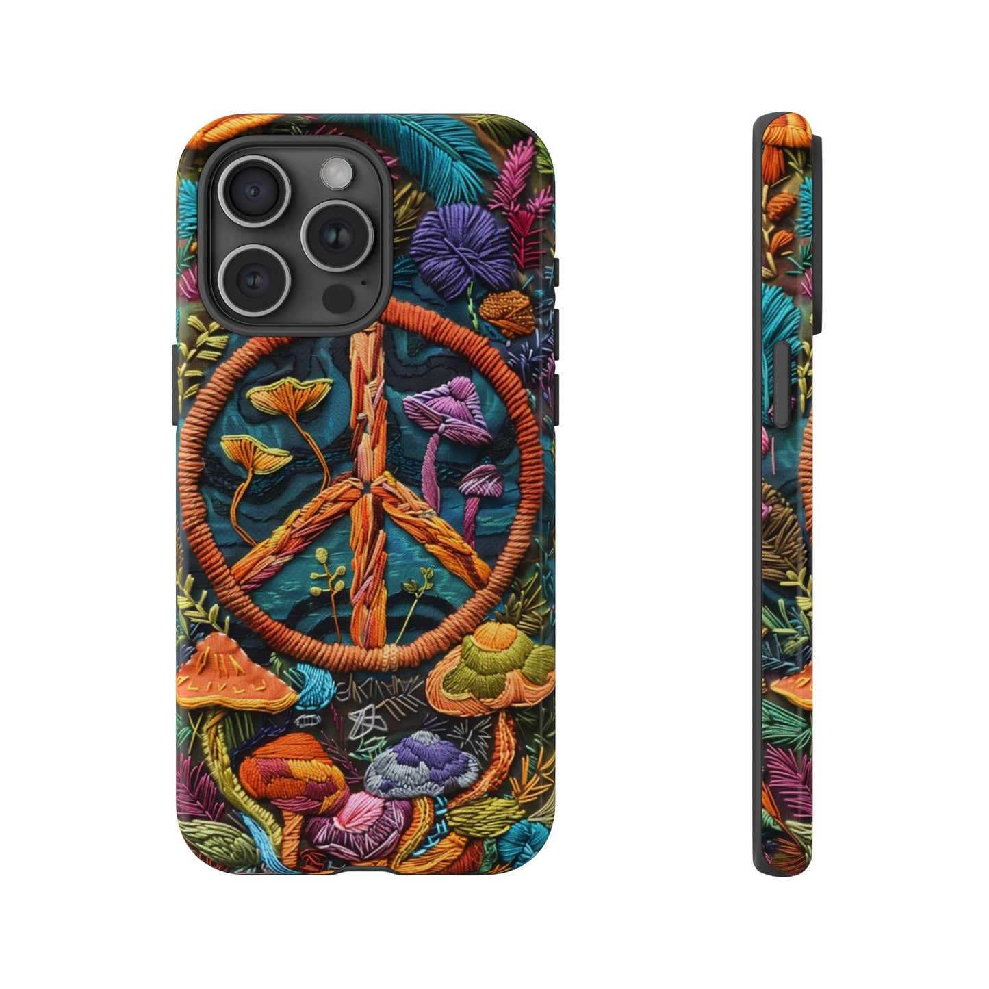 Embroidery Style Magic Mushrooms and Peace Sign Phone Case