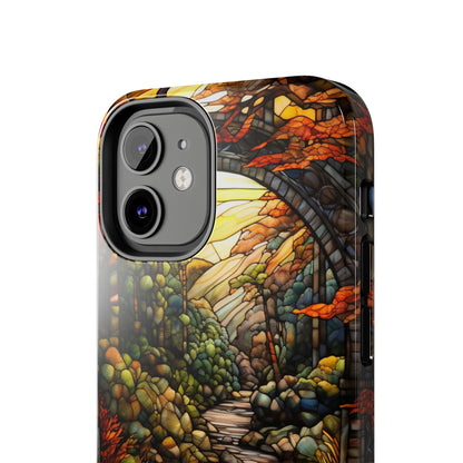 Stained Glass Stone Bridge and River: Floral Art Nouveau Phone Case | Bohemian Elegance for iPhone 14 down to iPhone 7 Models