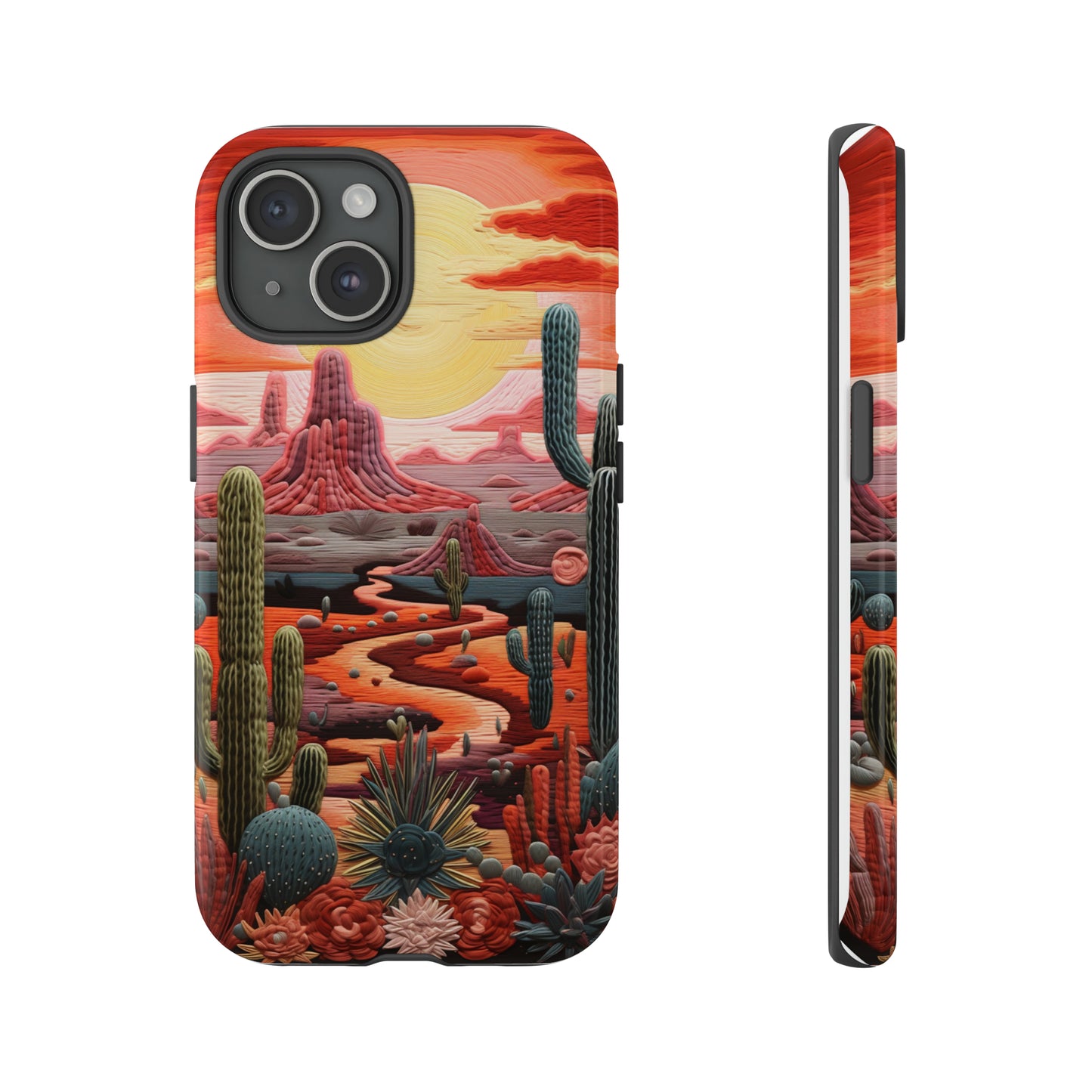 Embroidered cactus desert sunset design for iPhone 15