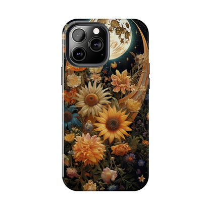 Celestial Charm: iPhone Case with Boho Cottagecore Fusion of Floral, Sun, Moon & Stars