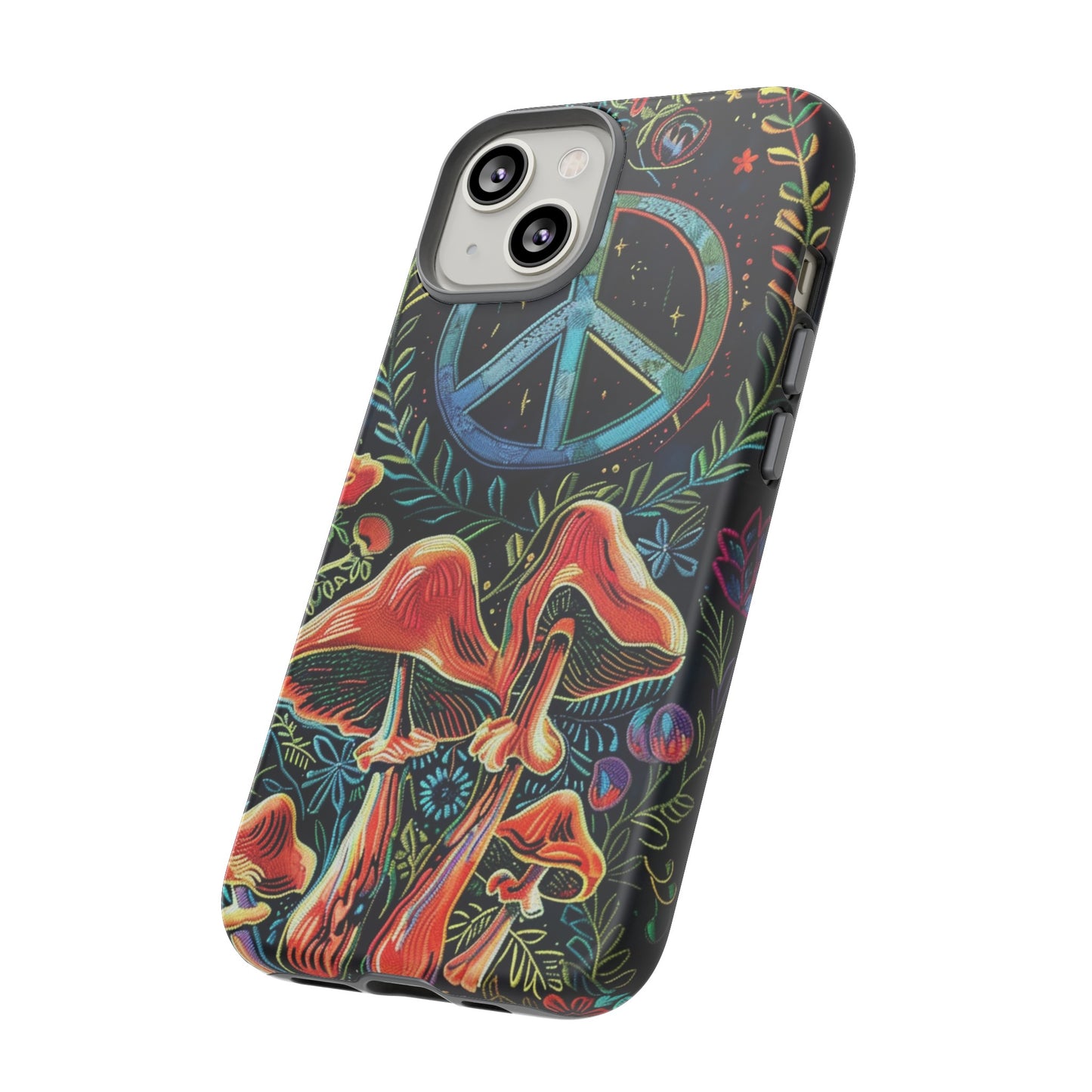 Embroidery Style Magic Mushrooms and Peace Sign Phone Case