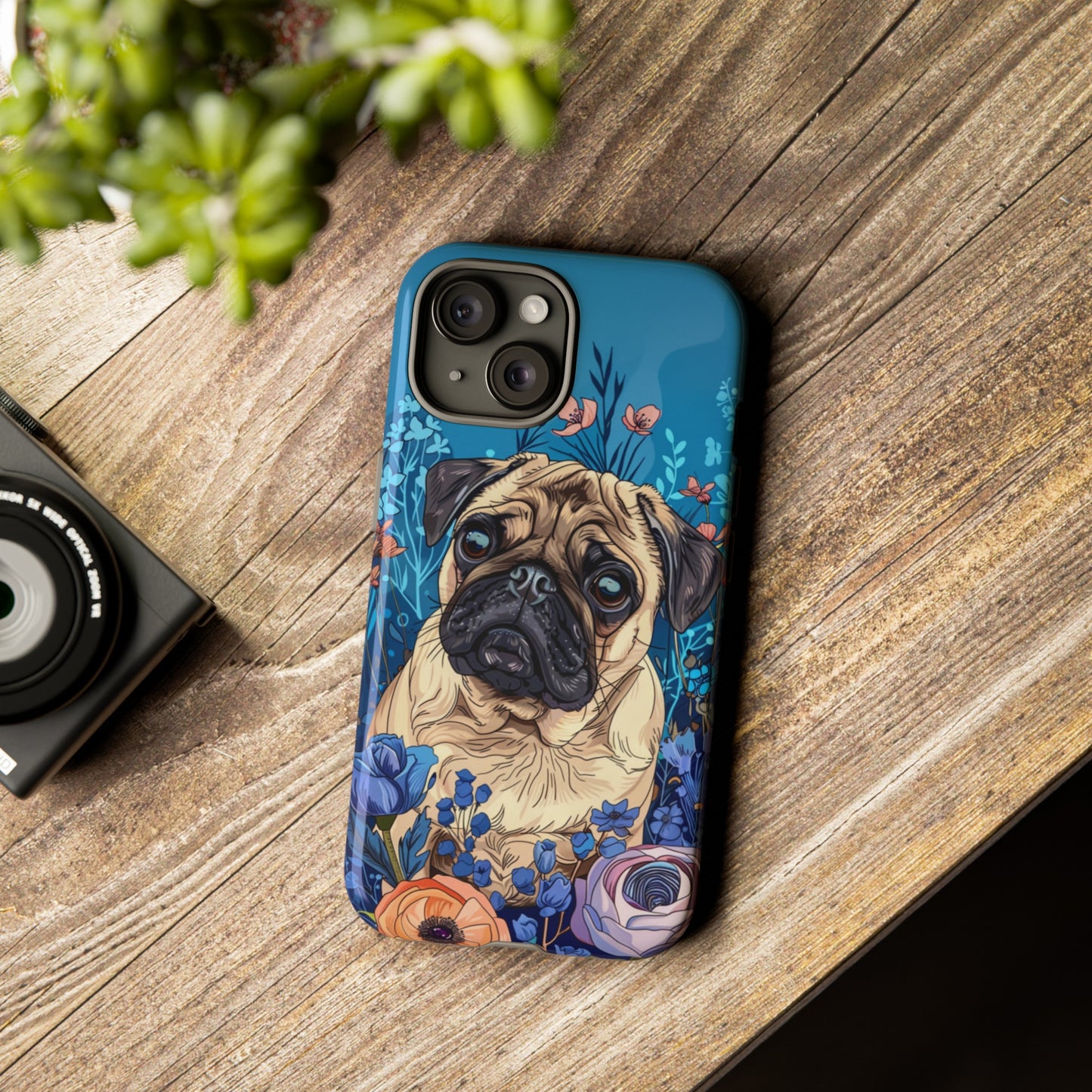 Cute Pug Dog Blue Floral Design Phone Case