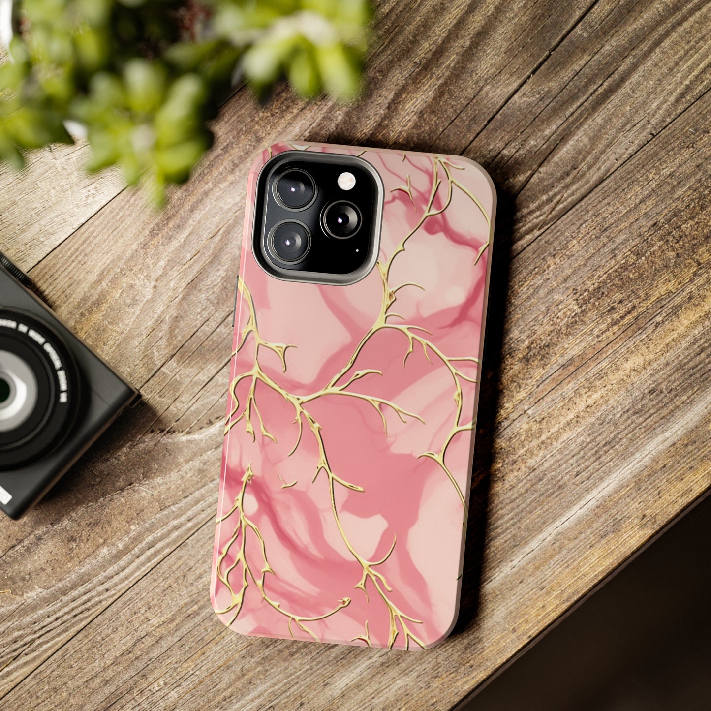 iPhone Elegance Unveiled: Pink & Gold Leaf Marble | Premium Tough iPhone Case