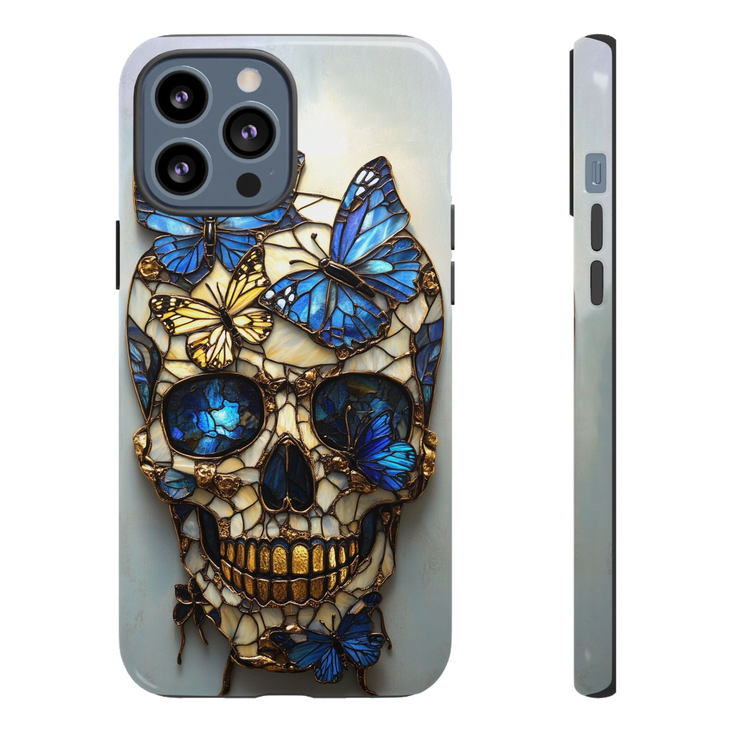 Gold and Blue Stained Glass Skull and Butterflies Phone Cover