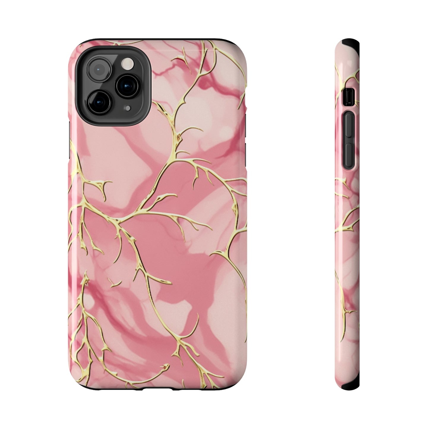 iPhone Elegance Unveiled: Pink & Gold Leaf Marble | Premium Tough iPhone Case