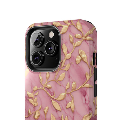 iPhone 14 Case Alluring Elegance: Pink & Gold Leaf Tough iPhone Case