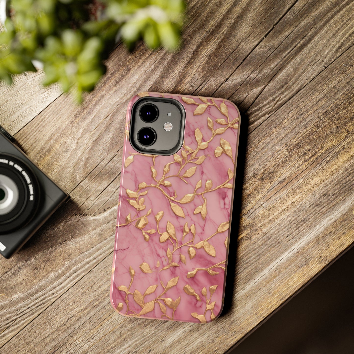 iPhone 14 Case Alluring Elegance: Pink & Gold Leaf Tough iPhone Case