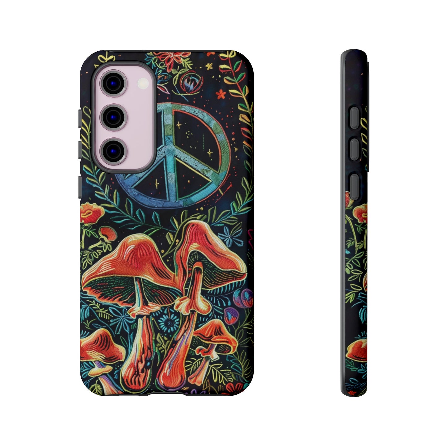 Embroidery Style Magic Mushrooms and Peace Sign Phone Case