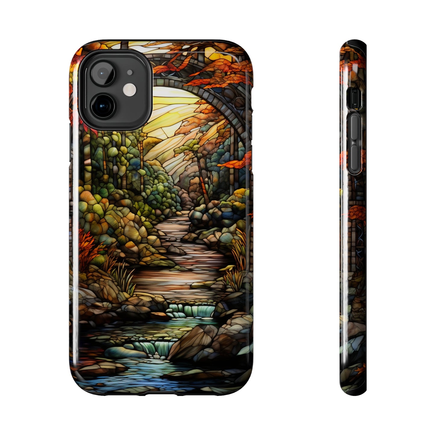 Stained Glass Stone Bridge and River: Floral Art Nouveau Phone Case | Bohemian Elegance for iPhone 14 down to iPhone 7 Models