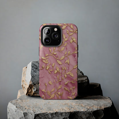 iPhone 14 Case Alluring Elegance: Pink & Gold Leaf Tough iPhone Case