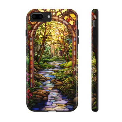 Stained Glass Stone Bridge and River Phone Case: Floral Art Nouveau Design | Bohemian Elegance for iPhone 14 Pro Max, iPhone 14 Plus