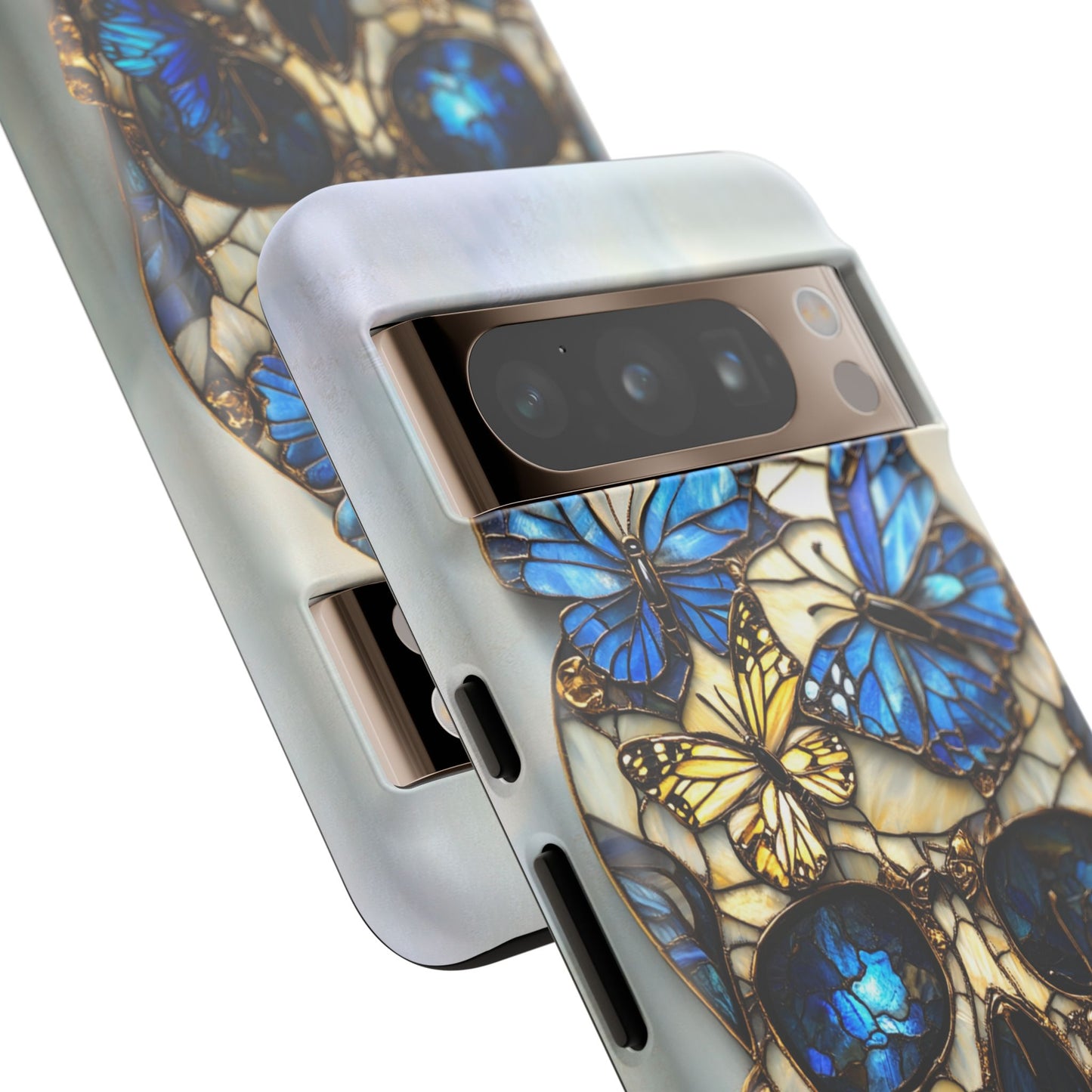 Gold and Blue Stained Glass Skull and Butterflies Phone Cover