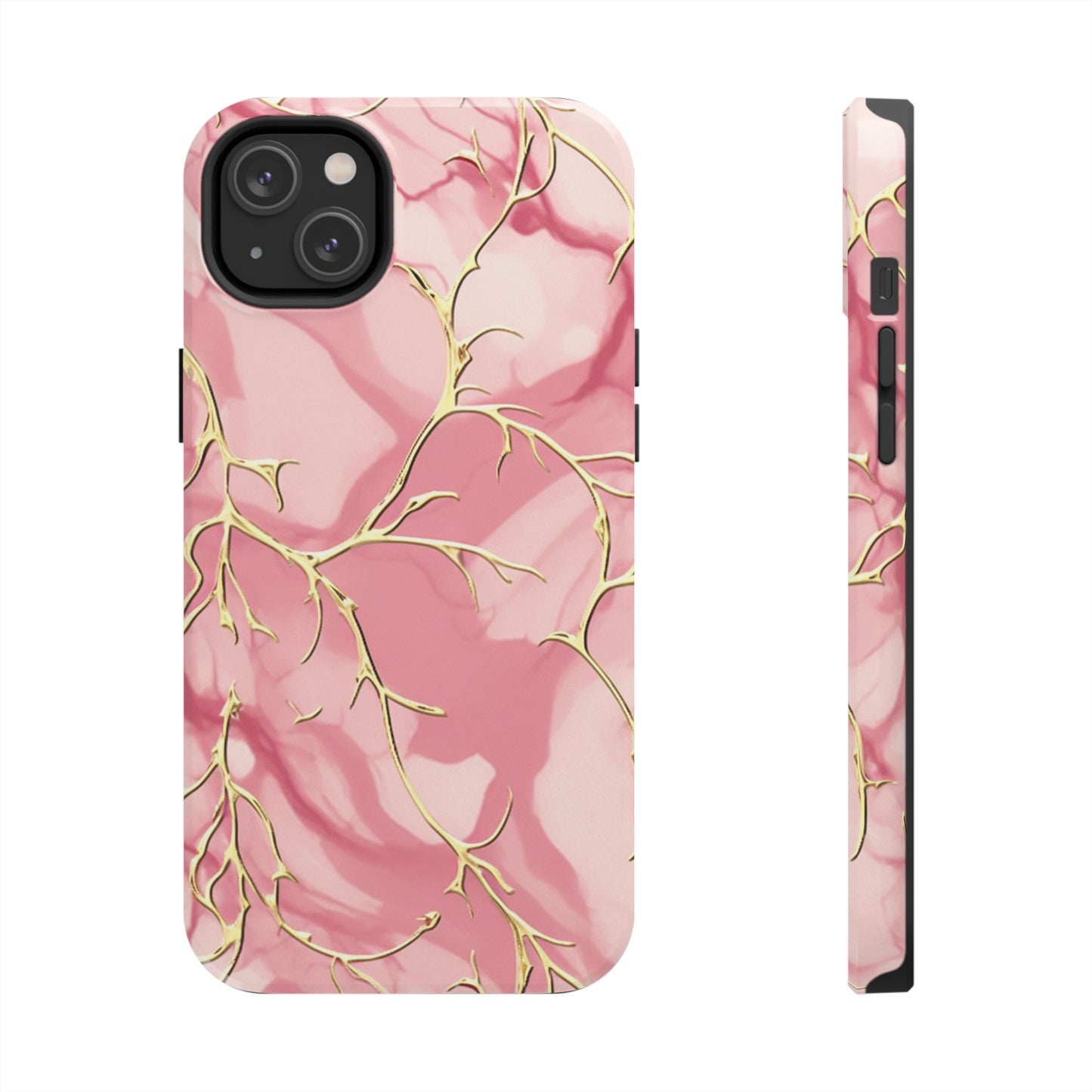 iPhone Elegance Unveiled: Pink & Gold Leaf Marble | Premium Tough iPhone Case