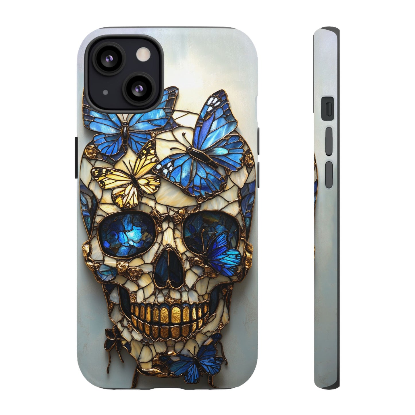 Gold and Blue Stained Glass Skull and Butterflies Phone Cover