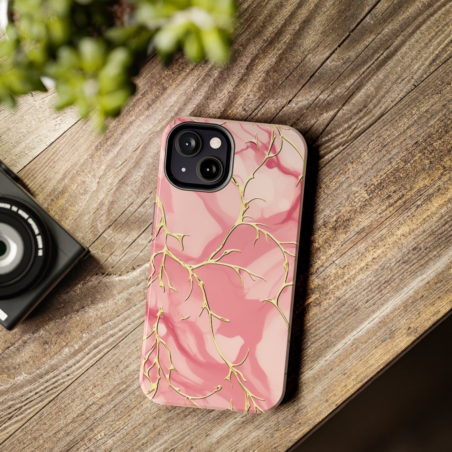 iPhone Elegance Unveiled: Pink & Gold Leaf Marble | Premium Tough iPhone Case