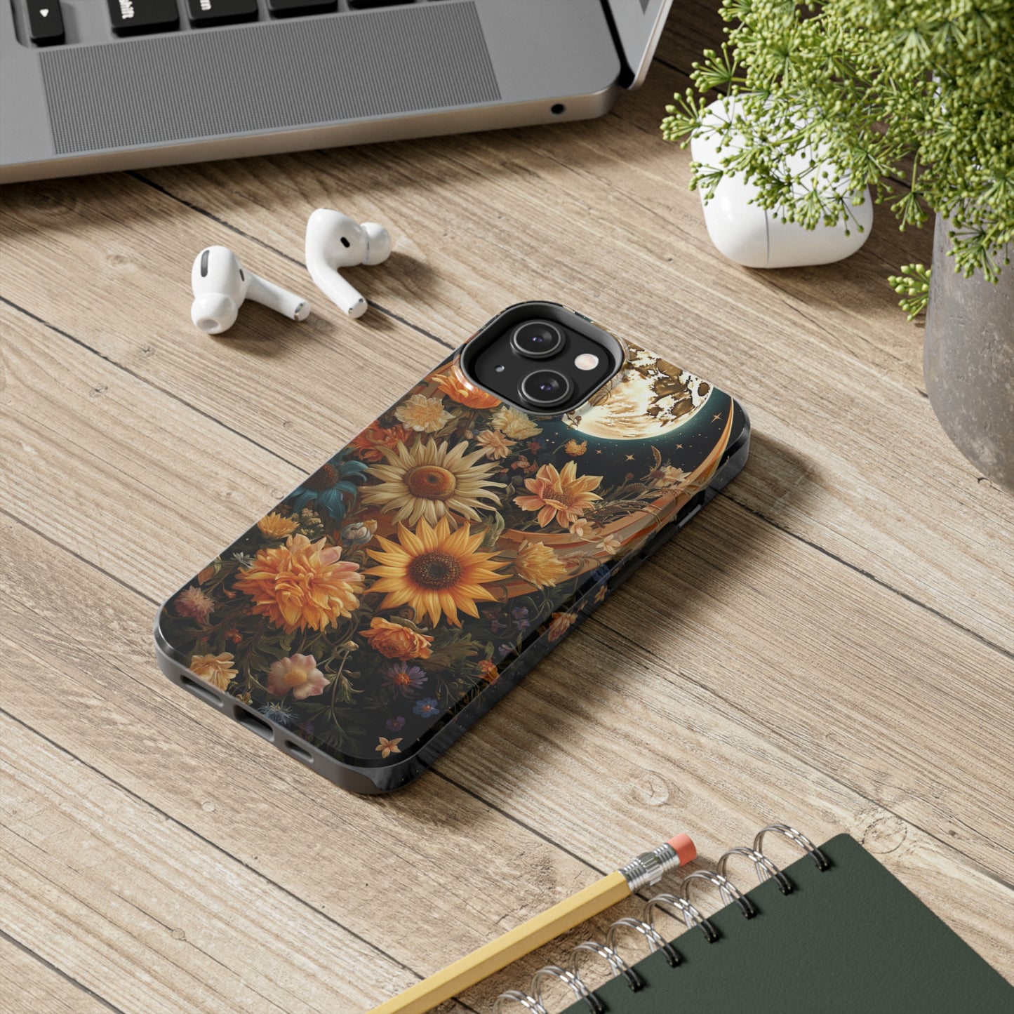 Celestial Charm: iPhone Case with Boho Cottagecore Fusion of Floral, Sun, Moon & Stars