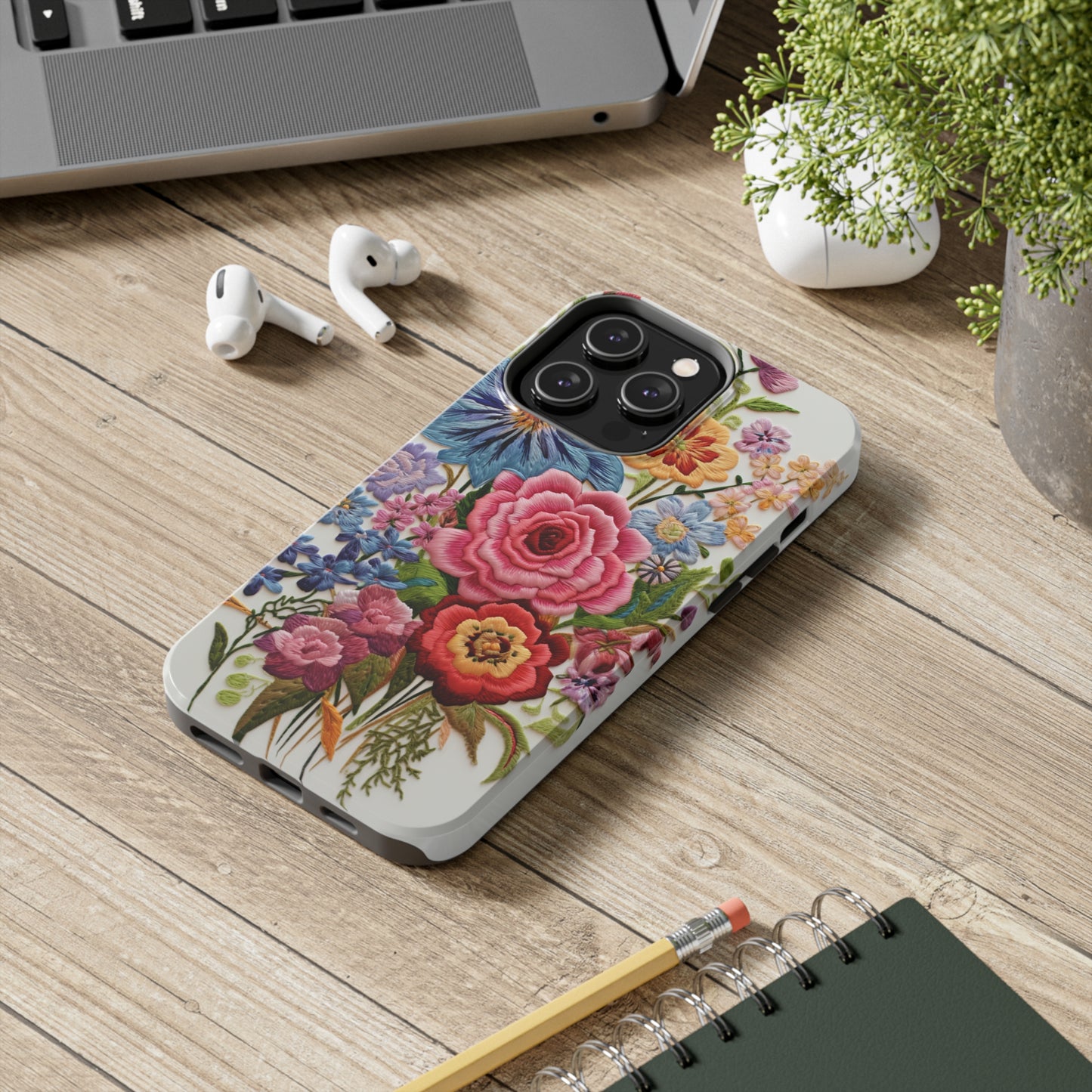 Embroidery Style Floral Aesthetic Flowers in Retro Vintage Tough Case iPhone Case