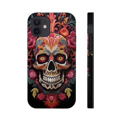 Embroidery Style Sugar Skulls Goth Dark Academia Tough Case iPhone, Edgy Cover, iPhone 14 Plus 13 12 7 8 Se Trendy Halloween Retro Vibe