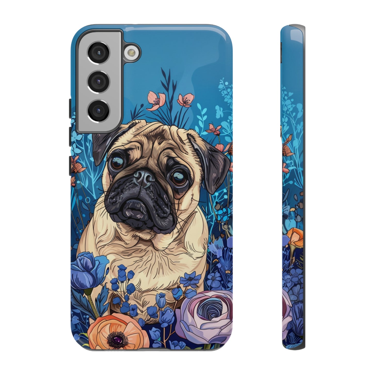 Cute Pug Dog Blue Floral Design Phone Case