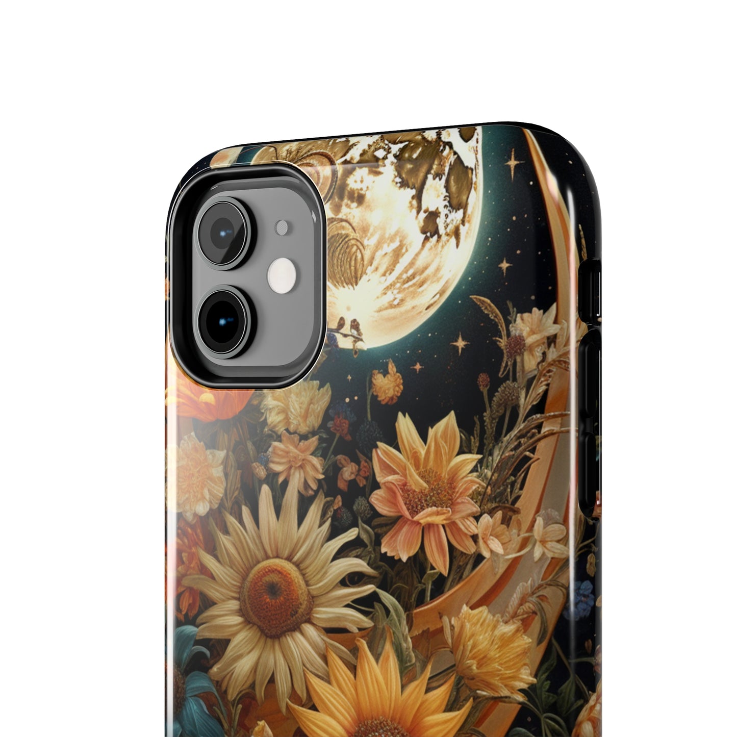 Celestial Charm: iPhone Case with Boho Cottagecore Fusion of Floral, Sun, Moon & Stars