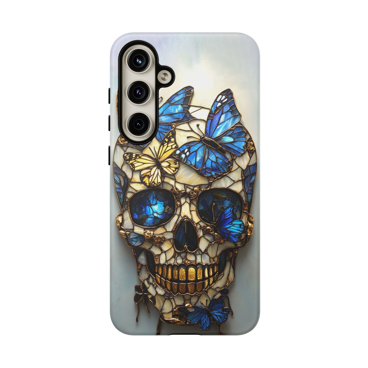 Gold and Blue Stained Glass Skull and Butterflies Phone Cover