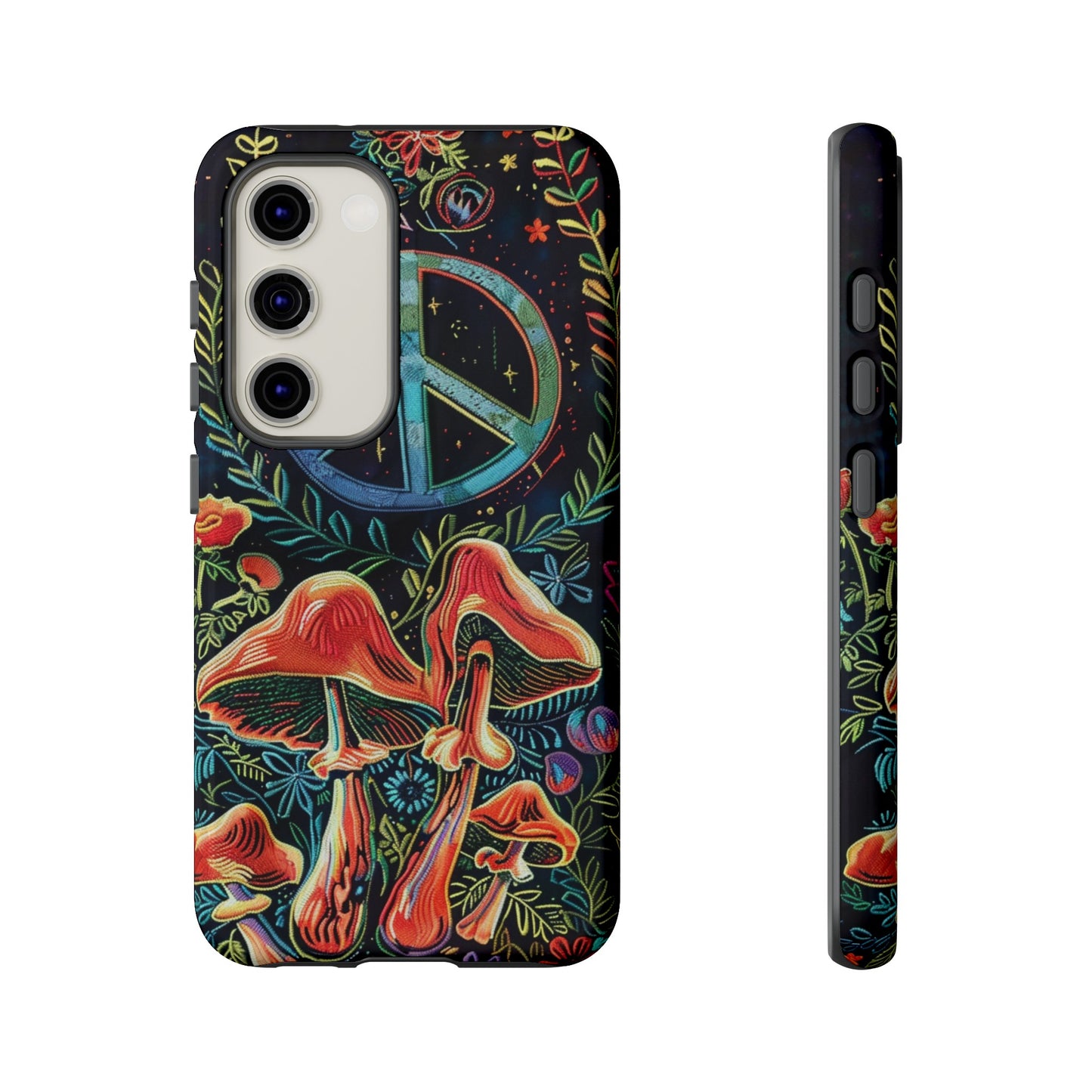 Embroidery Style Magic Mushrooms and Peace Sign Phone Case