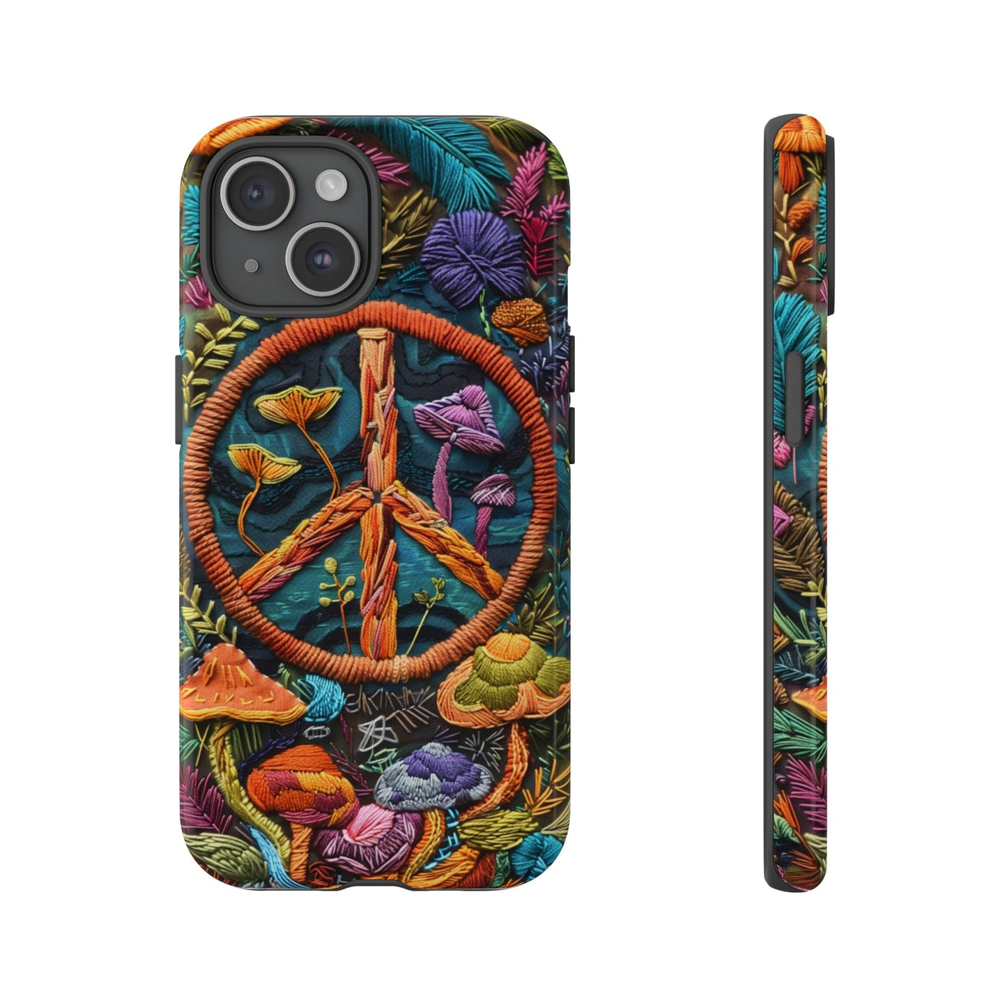 Embroidery Style Magic Mushrooms and Peace Sign Phone Case