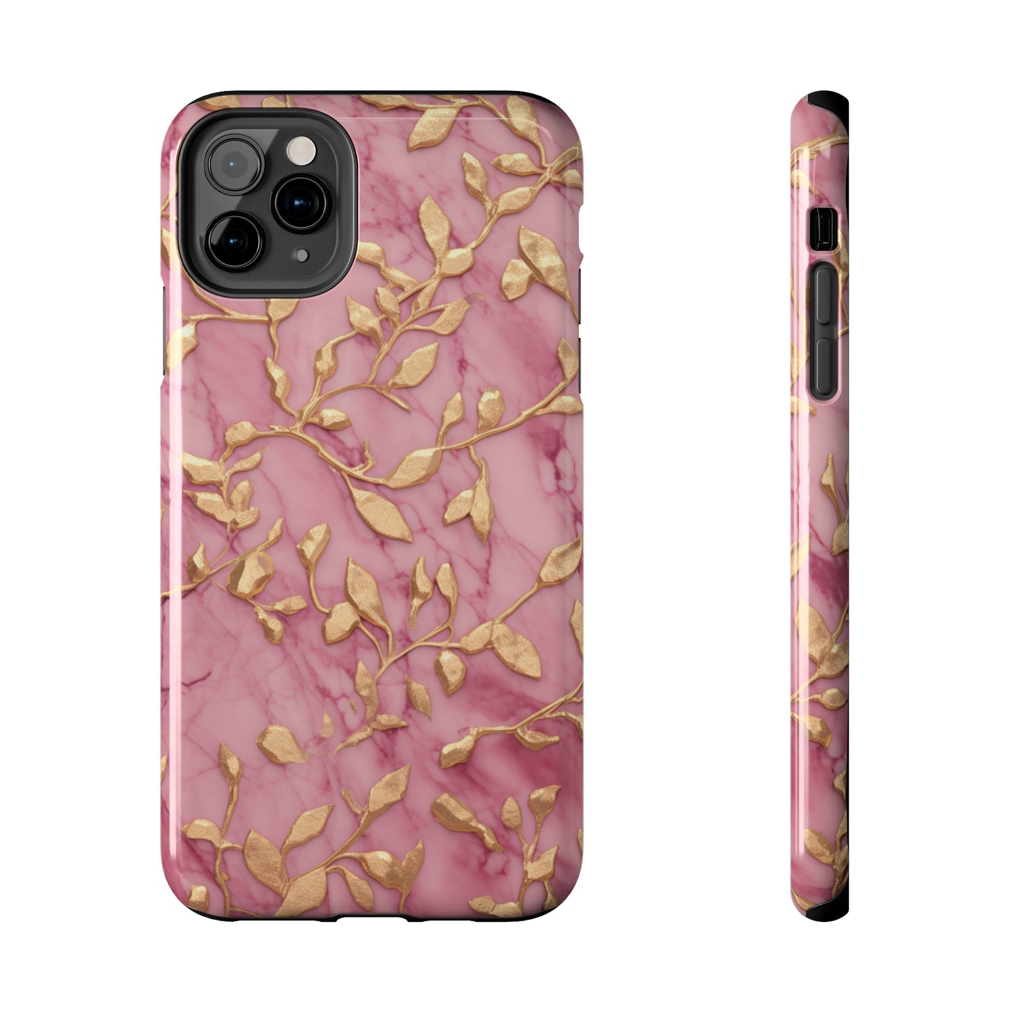 iPhone 14 Case Alluring Elegance: Pink & Gold Leaf Tough iPhone Case