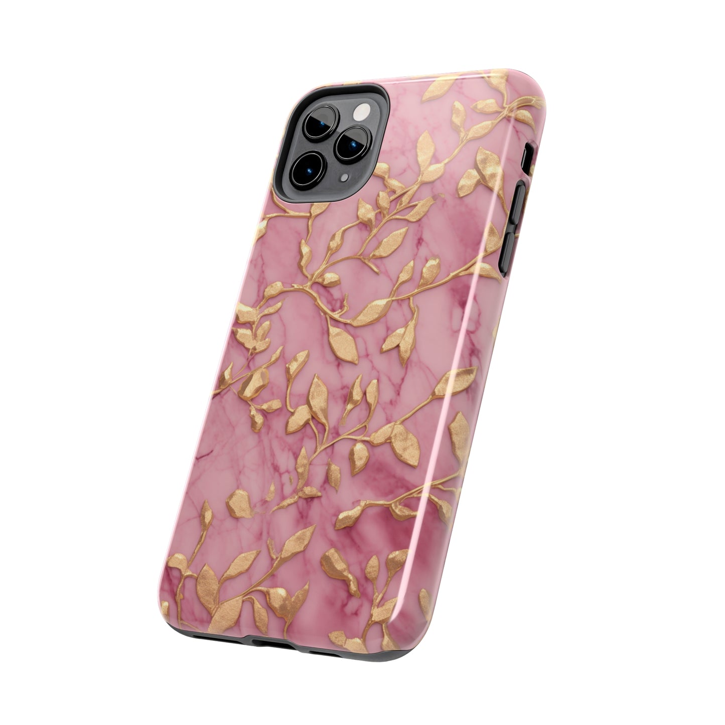 iPhone 14 Case Alluring Elegance: Pink & Gold Leaf Tough iPhone Case