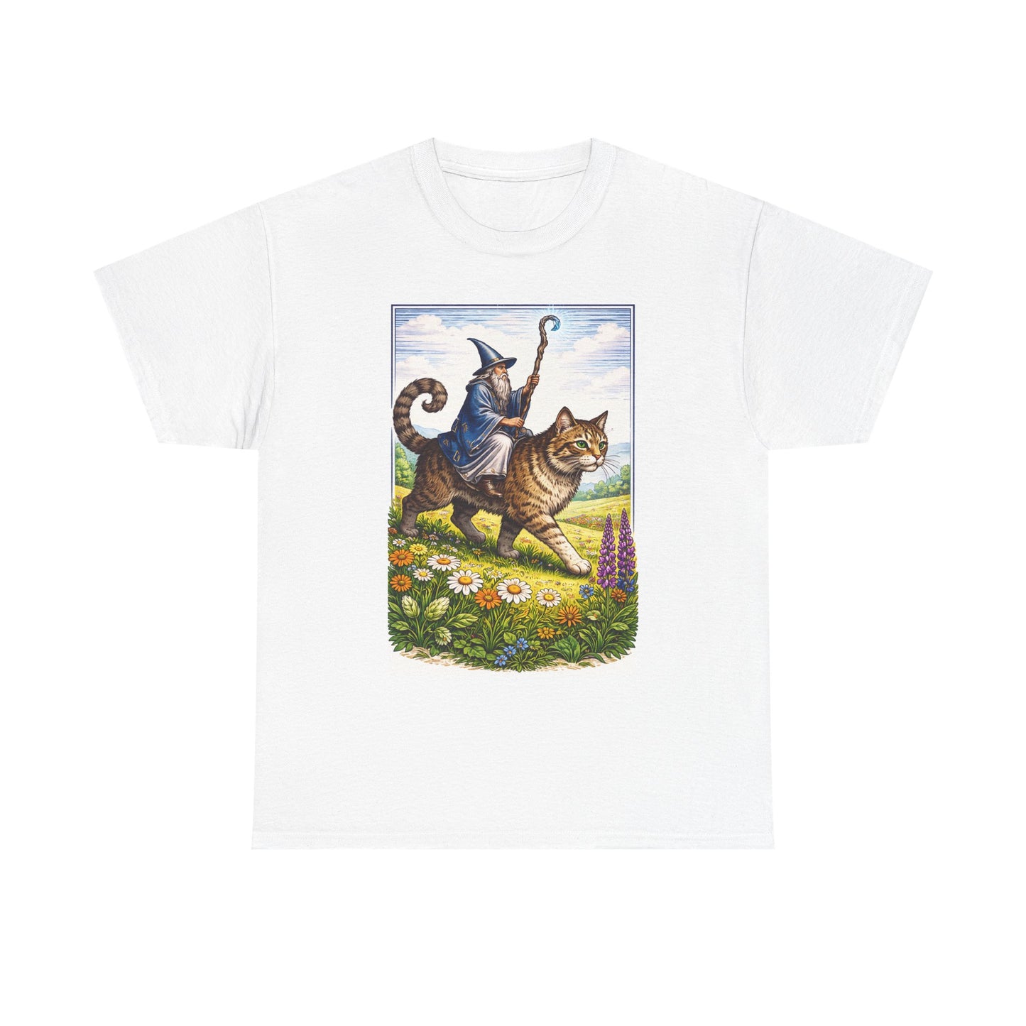 Wizard Cat Rider Vintage Fantasy T Shirt Funny Sorcerer Tee